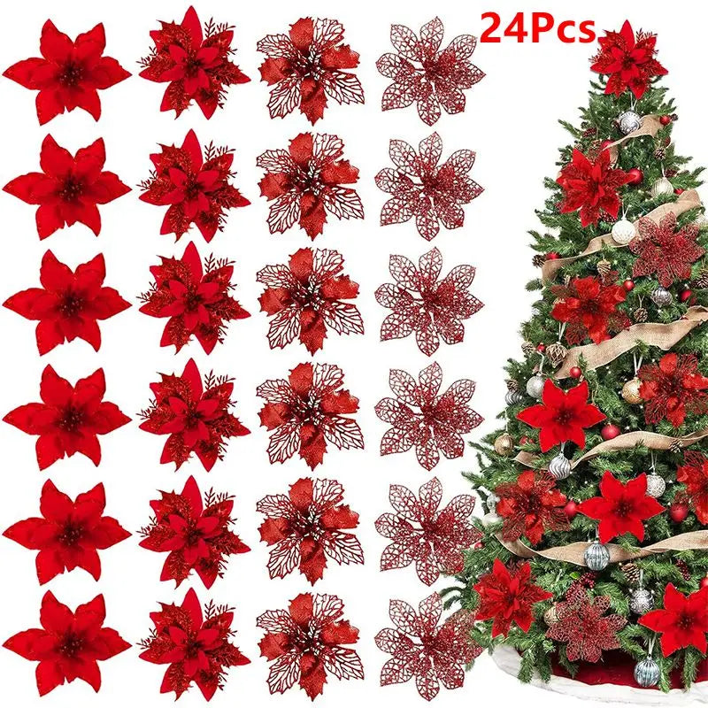 8/16/24Pcs Christmas Decoration Glitter Artifical Flowers Christmas Tree Decorations for Home Decor New Year Decoration Navidad