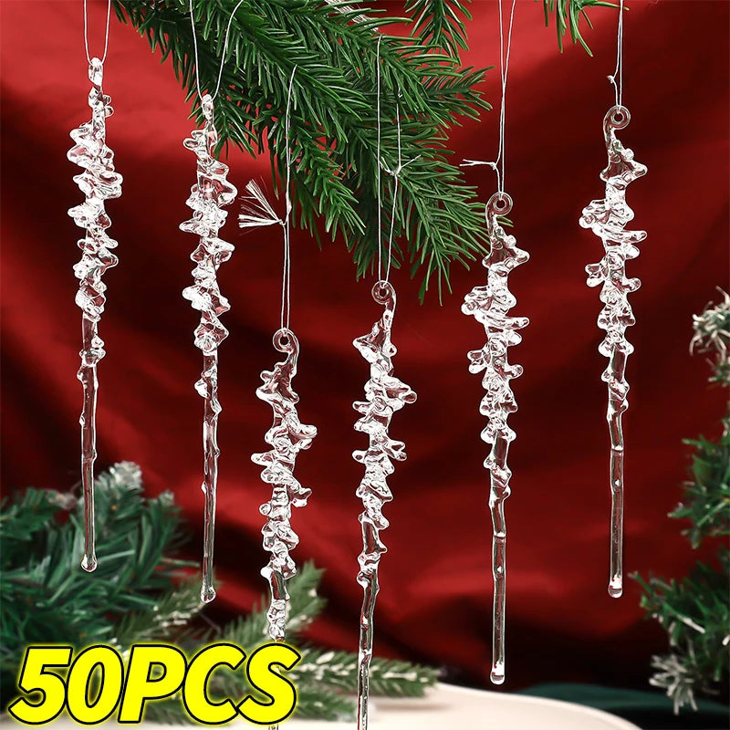 5/50pcs Christmas Crystal Icicle Pendants Acrylic Ice Hanging Drops Ornaments Xmas Tree Winter Party Wedding Home Decorations