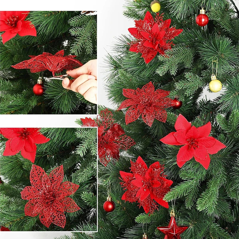 8/16/24Pcs Christmas Decoration Glitter Artifical Flowers Christmas Tree Decorations for Home Decor New Year Decoration Navidad