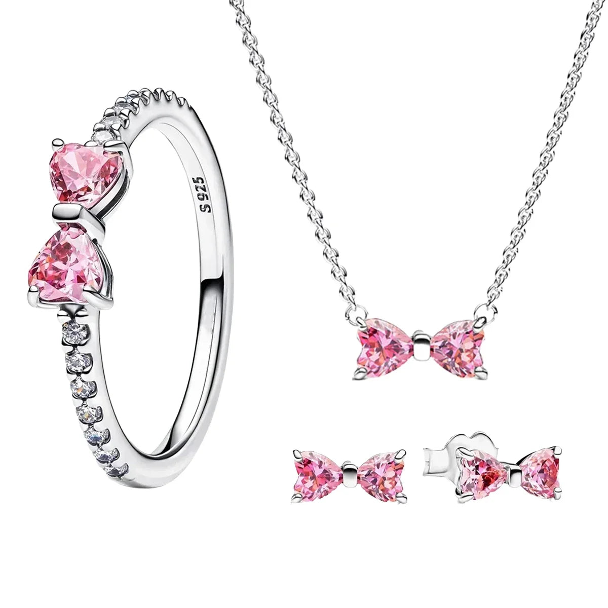 Fine Jewelry Pink Shining Bow Set Ring Earrings Bracelet Necklace Zircon Original 925 Sterling Silver DIY Women DIY Birthdy Gift