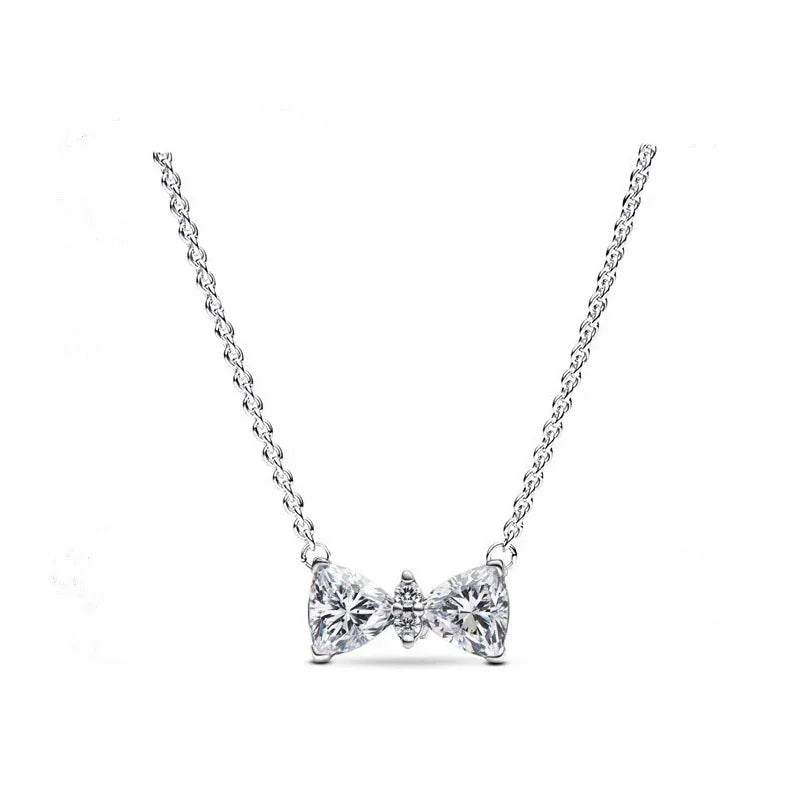 Fine Jewelry Pink Shining Bow Set Ring Earrings Bracelet Necklace Zircon Original 925 Sterling Silver DIY Women DIY Birthdy Gift