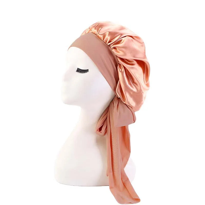 New Women Satin Solid Sleeping Hat Silky Bonnets With Tie Bands Elastic Shower Cap Adjustable Cap For Curly Hair Bonnets