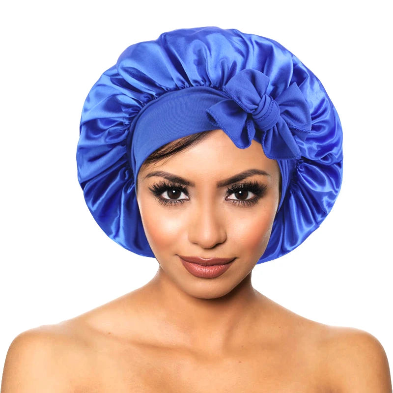 New Women Satin Solid Sleeping Hat Silky Bonnets With Tie Bands Elastic Shower Cap Adjustable Cap For Curly Hair Bonnets