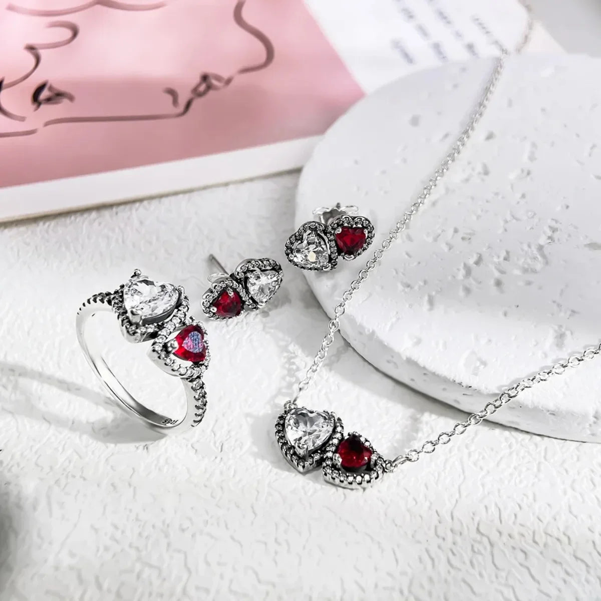 Fine Jewelry Pink Shining Bow Set Ring Earrings Bracelet Necklace Zircon Original 925 Sterling Silver DIY Women DIY Birthdy Gift