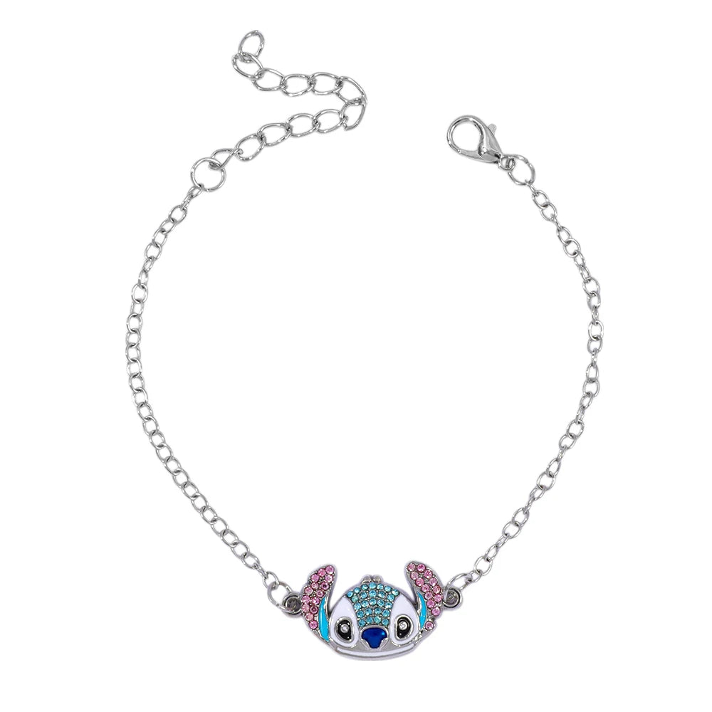 Cute Disney Stitch Cartoon Bracelet Necklace Earrings Creative Fine Rhinestone Jewelry Set Sweet Gift for Good Friends