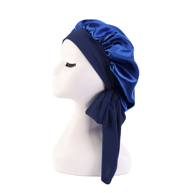 New Women Satin Solid Sleeping Hat Silky Bonnets With Tie Bands Elastic Shower Cap Adjustable Cap For Curly Hair Bonnets