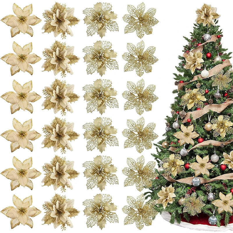 8/16/24Pcs Christmas Decoration Glitter Artifical Flowers Christmas Tree Decorations for Home Decor New Year Decoration Navidad
