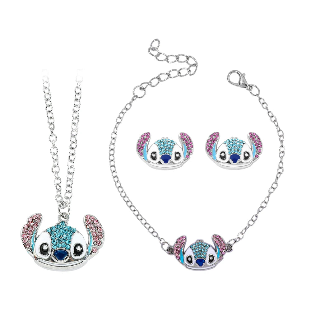 Cute Disney Stitch Cartoon Bracelet Necklace Earrings Creative Fine Rhinestone Jewelry Set Sweet Gift for Good Friends