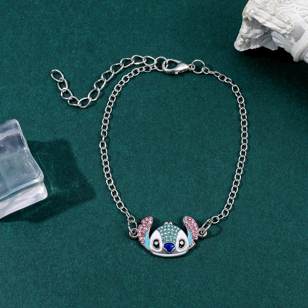 Cute Disney Stitch Cartoon Bracelet Necklace Earrings Creative Fine Rhinestone Jewelry Set Sweet Gift for Good Friends