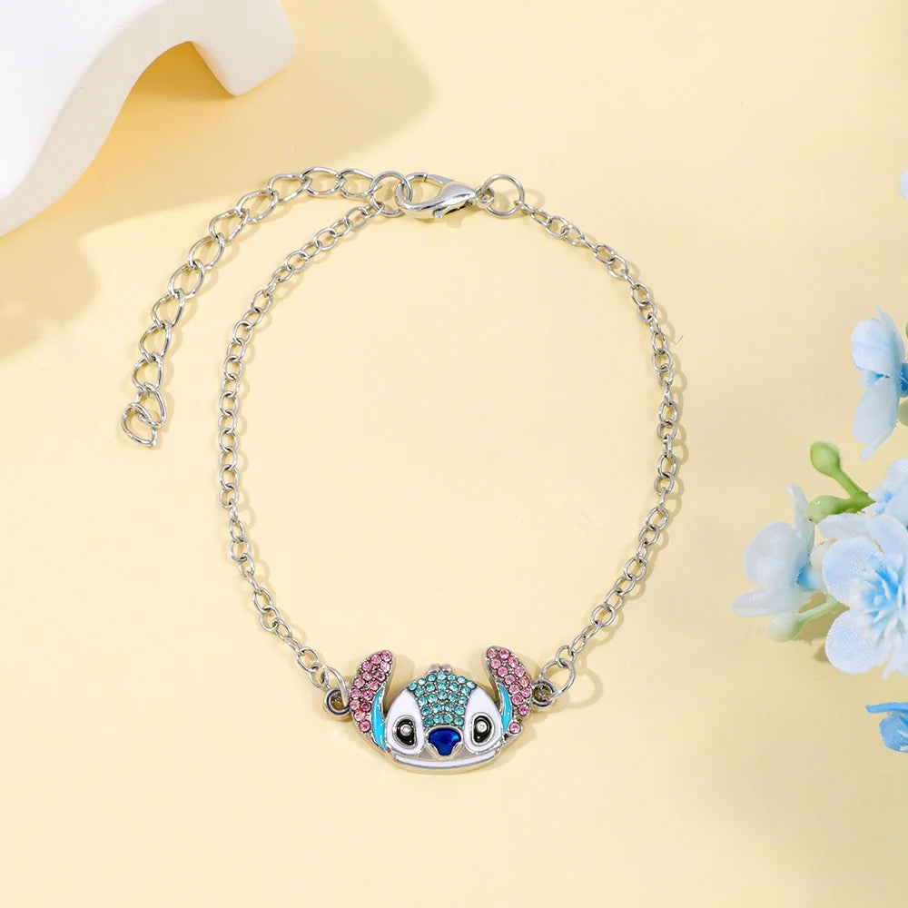 Cute Disney Stitch Cartoon Bracelet Necklace Earrings Creative Fine Rhinestone Jewelry Set Sweet Gift for Good Friends