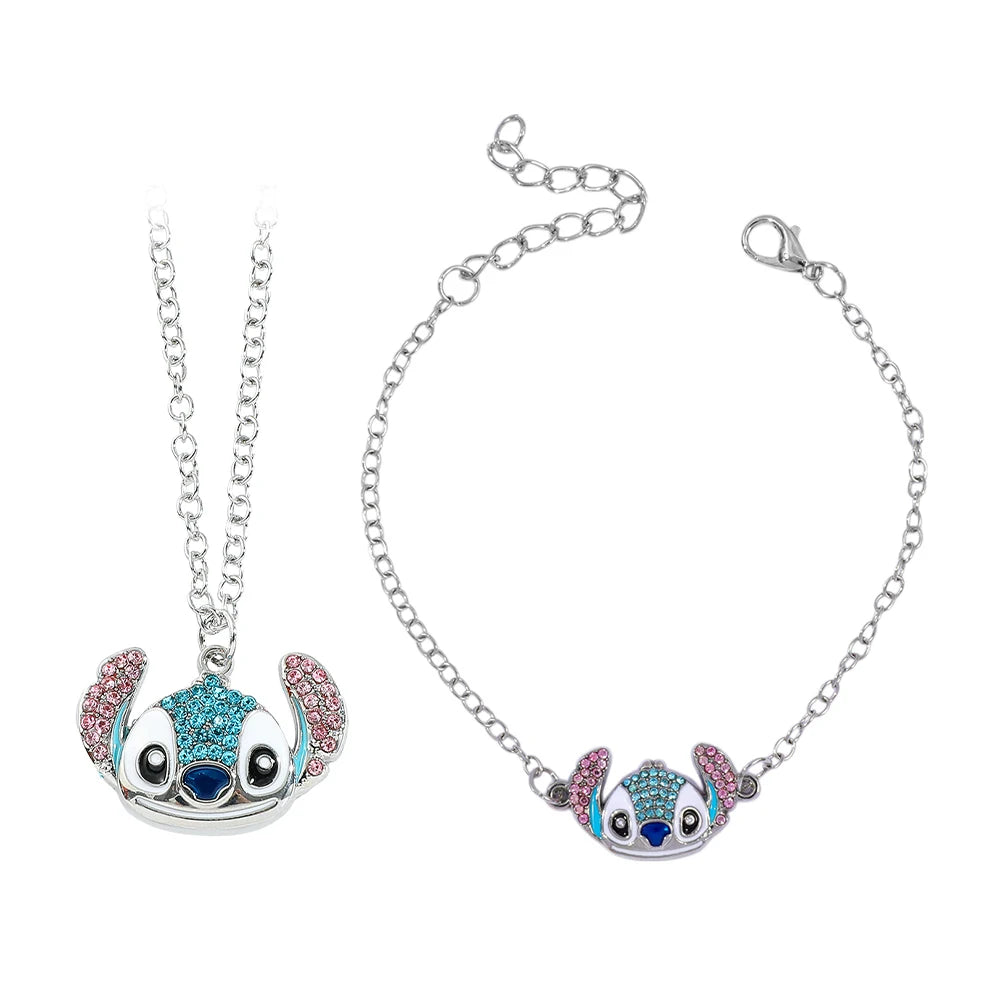 Cute Disney Stitch Cartoon Bracelet Necklace Earrings Creative Fine Rhinestone Jewelry Set Sweet Gift for Good Friends