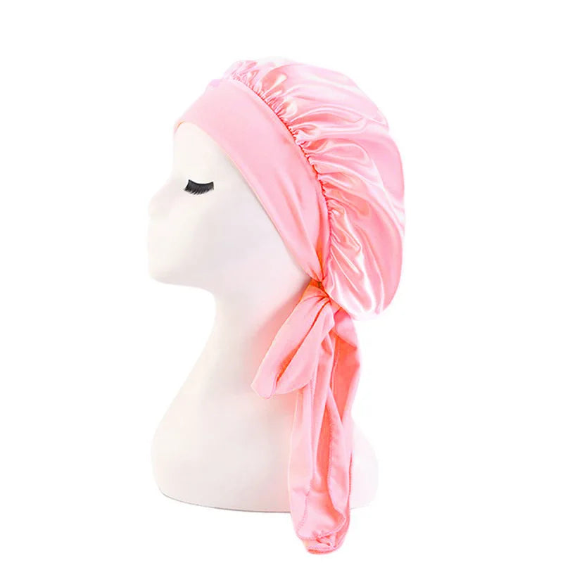 New Women Satin Solid Sleeping Hat Silky Bonnets With Tie Bands Elastic Shower Cap Adjustable Cap For Curly Hair Bonnets
