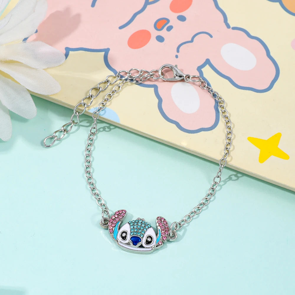 Cute Disney Stitch Cartoon Bracelet Necklace Earrings Creative Fine Rhinestone Jewelry Set Sweet Gift for Good Friends