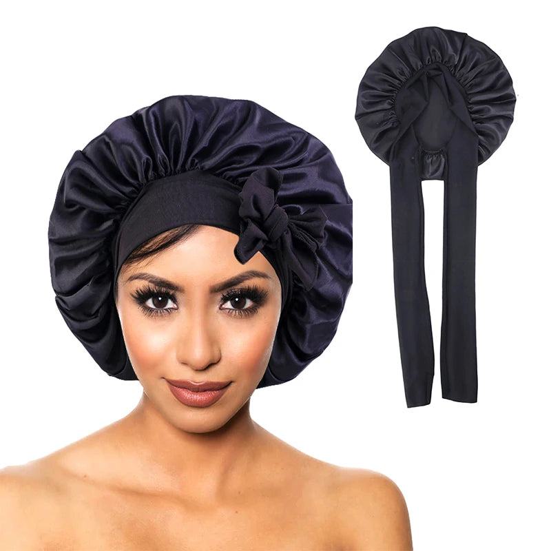 New Women Satin Solid Sleeping Hat Silky Bonnets With Tie Bands Elastic Shower Cap Adjustable Cap For Curly Hair Bonnets