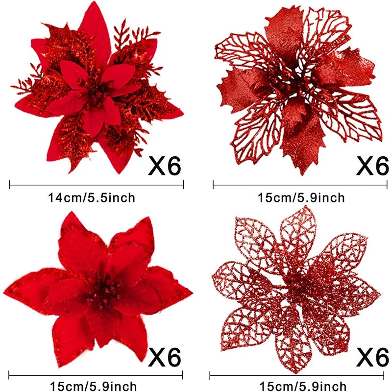 8/16/24Pcs Christmas Decoration Glitter Artifical Flowers Christmas Tree Decorations for Home Decor New Year Decoration Navidad