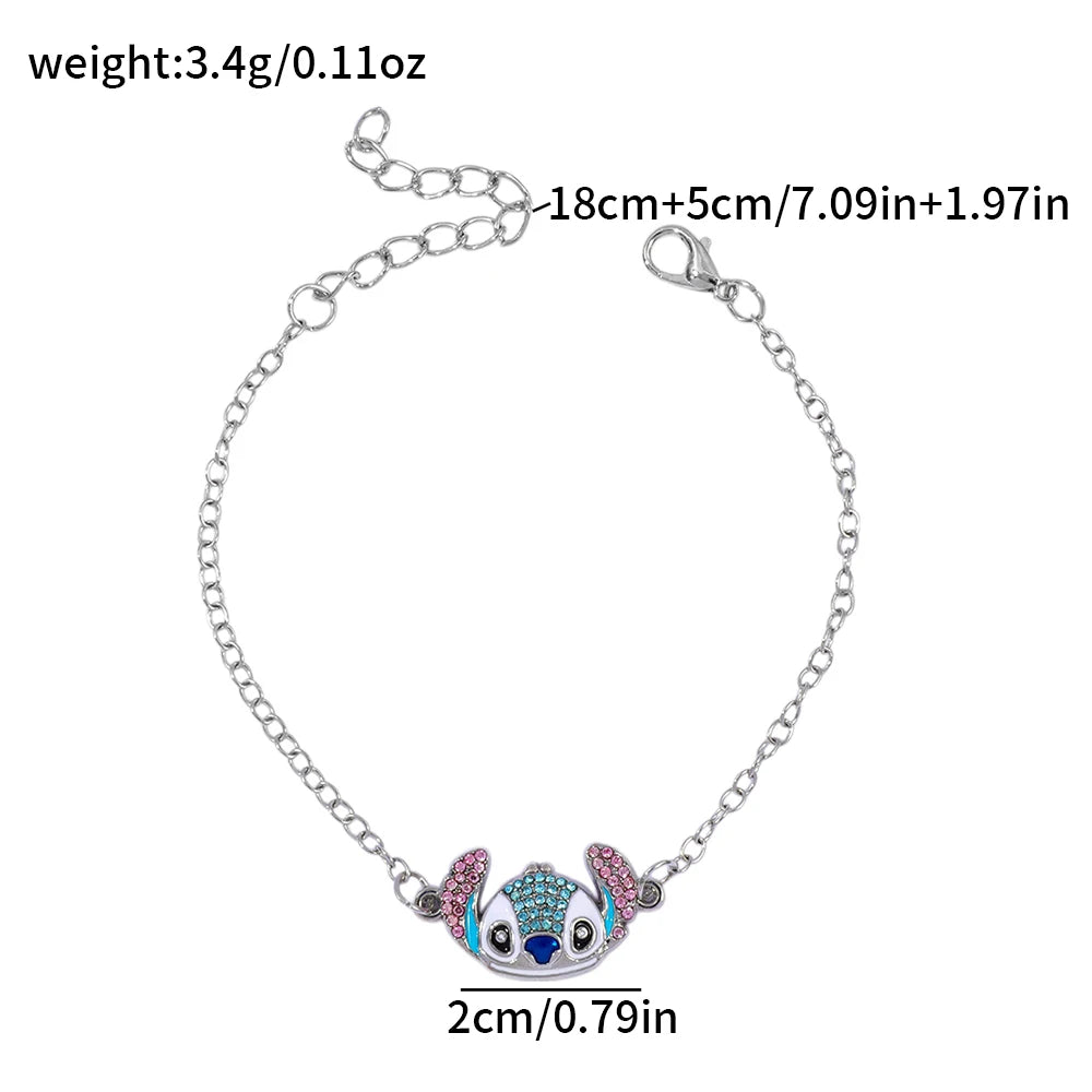 Cute Disney Stitch Cartoon Bracelet Necklace Earrings Creative Fine Rhinestone Jewelry Set Sweet Gift for Good Friends