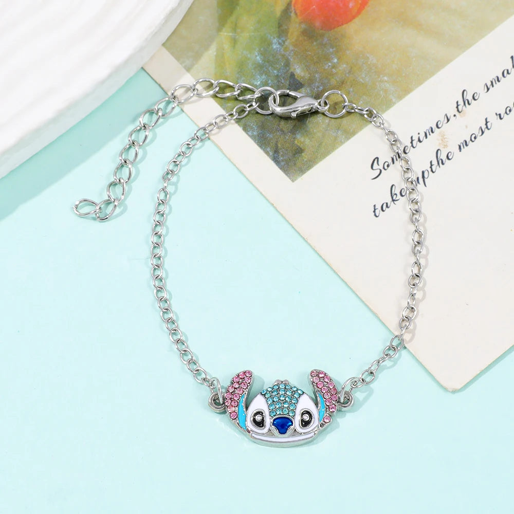 Cute Disney Stitch Cartoon Bracelet Necklace Earrings Creative Fine Rhinestone Jewelry Set Sweet Gift for Good Friends