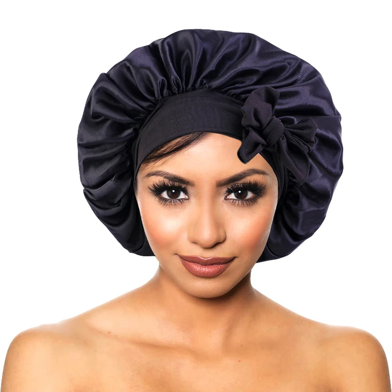 New Women Satin Solid Sleeping Hat Silky Bonnets With Tie Bands Elastic Shower Cap Adjustable Cap For Curly Hair Bonnets
