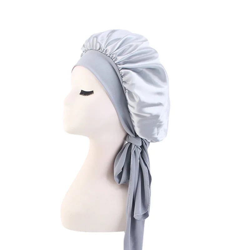New Women Satin Solid Sleeping Hat Silky Bonnets With Tie Bands Elastic Shower Cap Adjustable Cap For Curly Hair Bonnets