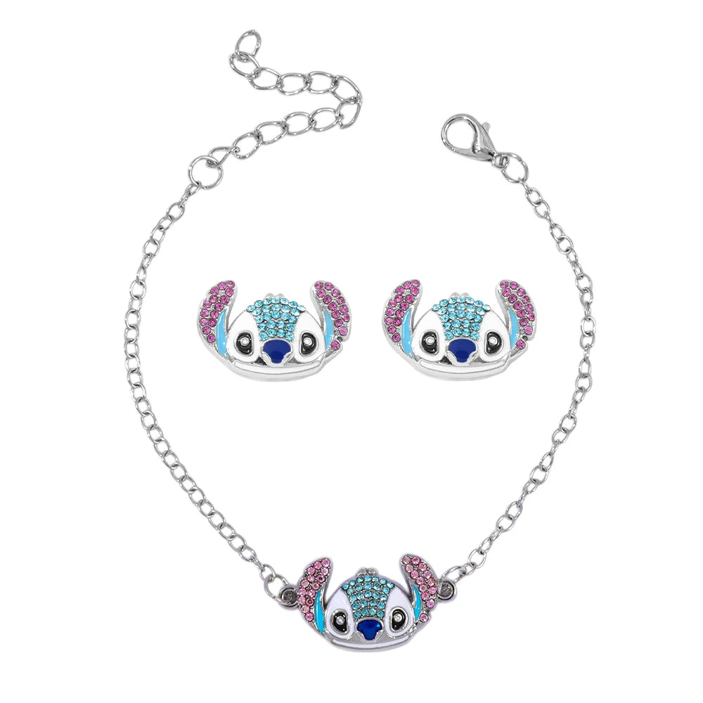 Cute Disney Stitch Cartoon Bracelet Necklace Earrings Creative Fine Rhinestone Jewelry Set Sweet Gift for Good Friends