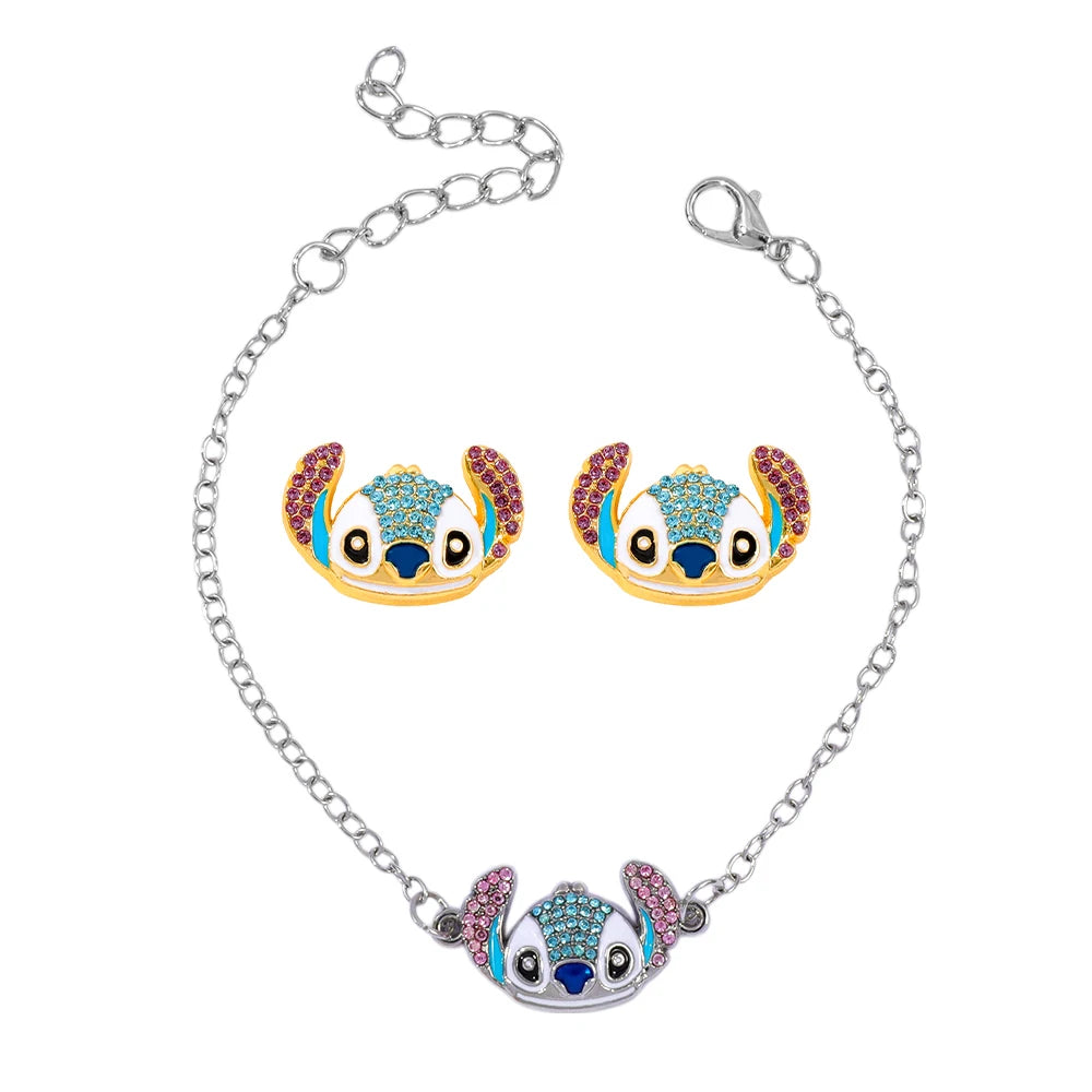 Cute Disney Stitch Cartoon Bracelet Necklace Earrings Creative Fine Rhinestone Jewelry Set Sweet Gift for Good Friends