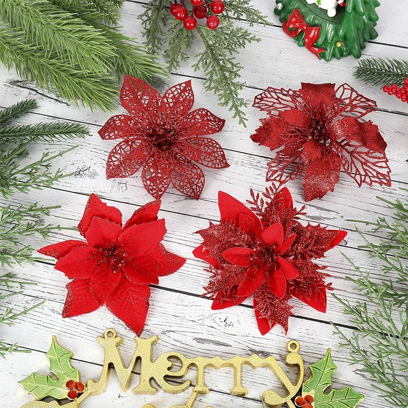 8/16/24Pcs Christmas Decoration Glitter Artifical Flowers Christmas Tree Decorations for Home Decor New Year Decoration Navidad