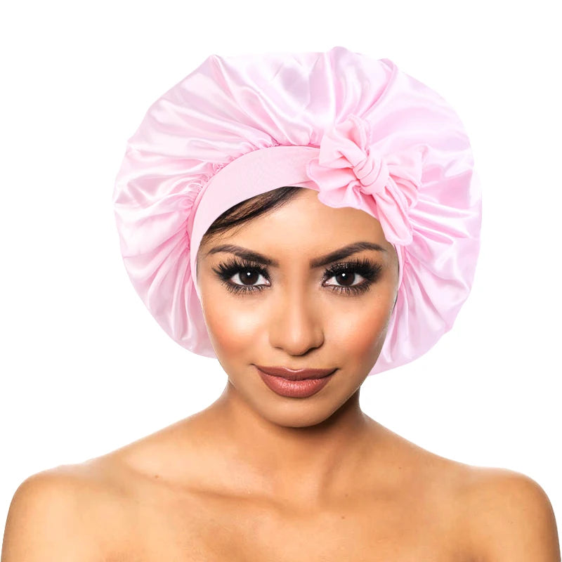 New Women Satin Solid Sleeping Hat Silky Bonnets With Tie Bands Elastic Shower Cap Adjustable Cap For Curly Hair Bonnets