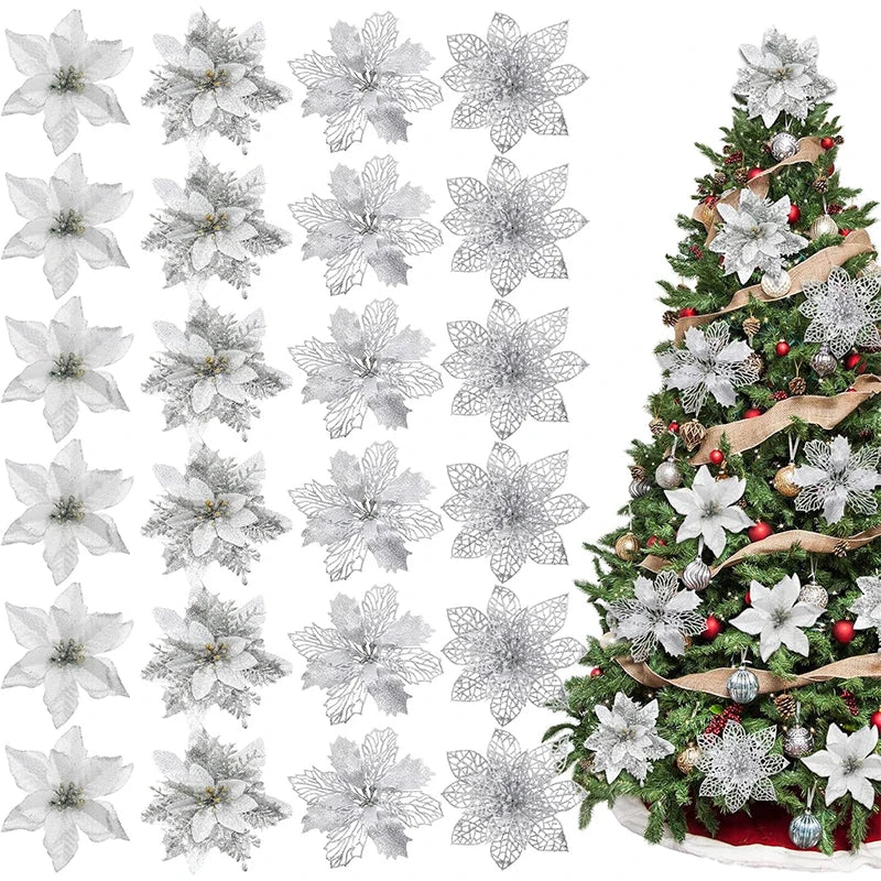 8/16/24Pcs Christmas Decoration Glitter Artifical Flowers Christmas Tree Decorations for Home Decor New Year Decoration Navidad