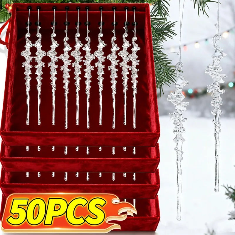 5/50pcs Christmas Crystal Icicle Pendants Acrylic Ice Hanging Drops Ornaments Xmas Tree Winter Party Wedding Home Decorations