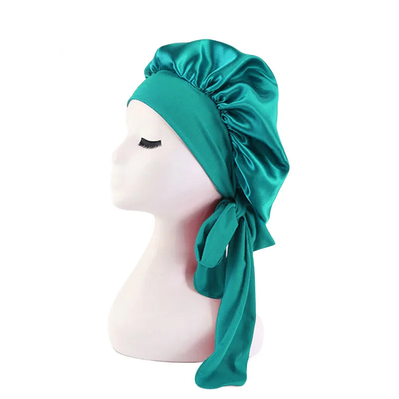 New Women Satin Solid Sleeping Hat Silky Bonnets With Tie Bands Elastic Shower Cap Adjustable Cap For Curly Hair Bonnets
